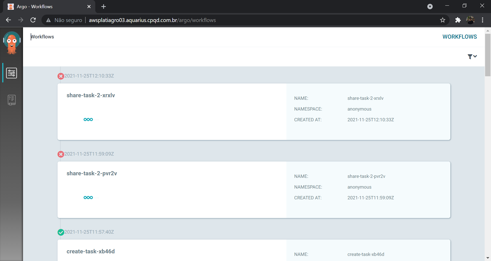Screenshot com exibição do dashboard do argo workflows.