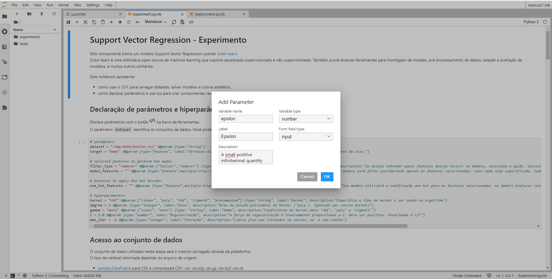 Modal de declaração de parâmetros de tarefas no Jupyterlab.