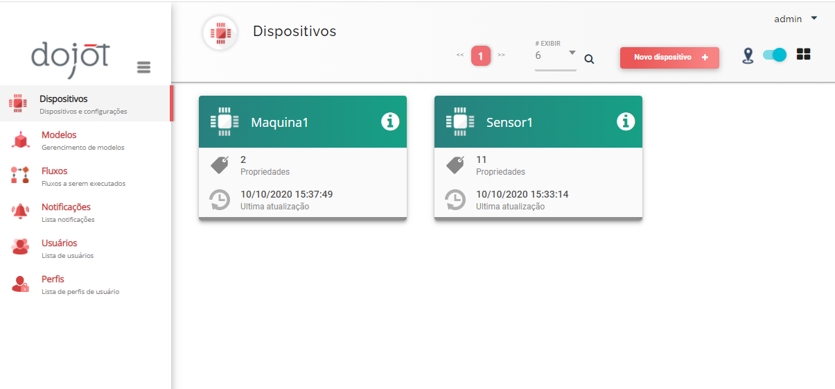 Visão da plataforma dojot após configuração de dispositivos.