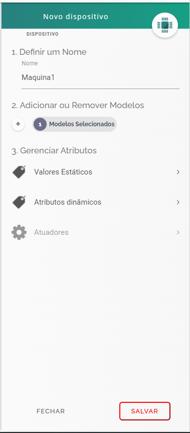 Painel de configuração de novo dispositivo na dojot.