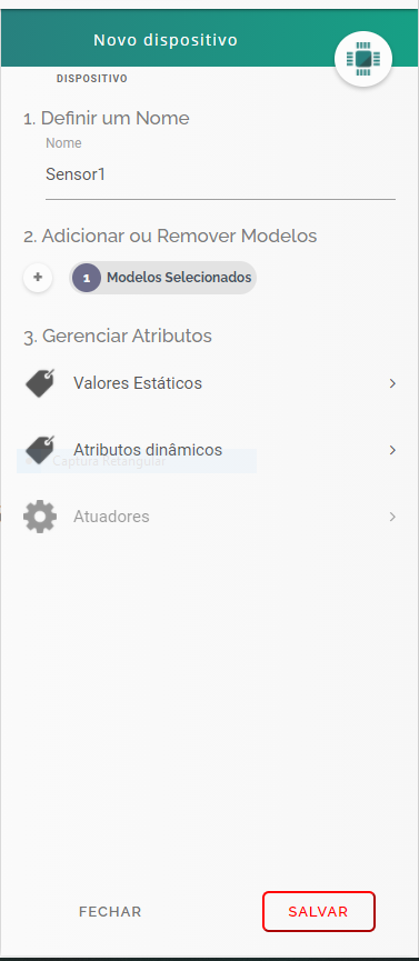 Painel de configuração de novo dispositivo na dojot.