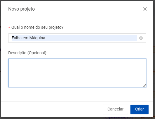 Formulário para criaçao de novo projeto. Possui os campos nome e descrição.